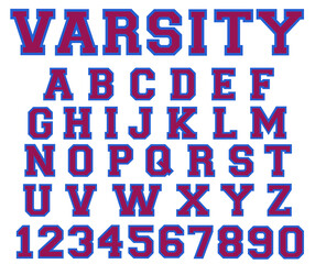 Varsity vintage color font vector. Sport font college alphabet letters and numbers. Sport design for t shirt.