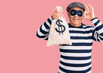 Senior handsome man wearing burglar mask holding money bag doing ok sign with fingers, smiling friendly gesturing excellent symbol
