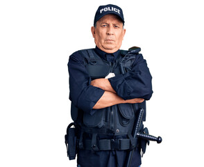 Senior handsome man wearing police uniform skeptic and nervous, disapproving expression on face...