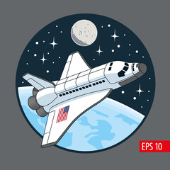 Space shuttle orbiting the Earth planet. The Moon and stars on background. Comic style vector illustration. © ledokol.ua
