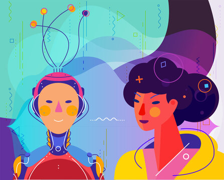 A woman and robot with artificial intelligence looking at each other