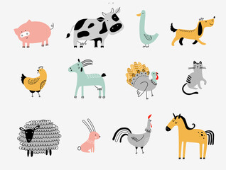 flat vector illustration of cute farm animals - 399060214