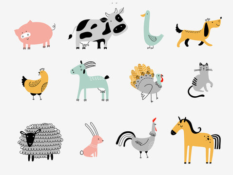 flat vector illustration of cute farm animals