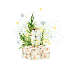 Watercolor winter christmas clipart. Hand painted new year lantern, christmas presents, gift, fir tree branch. Magic illustration for design, print, background