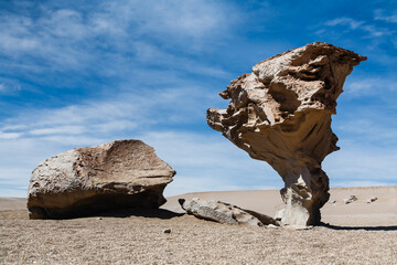 Arbol de Piedra (Stone Tree) in Siloli desert, South Altiplano, Bolivia. Wind erosion stone...