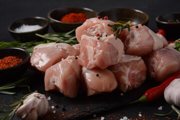 Raw uncooked chicken legs for barbecue grill   Meat with ingredients for cooking