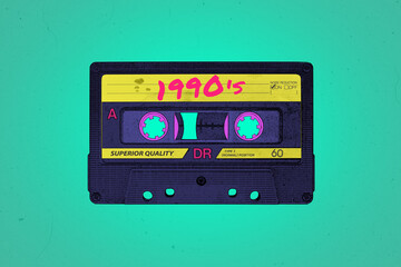 A retro 1990's themed vibrant neon synthwave style audio cassette illustration background with copy space