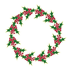Holly Christmas Wreath with white leaves and red berries. Hand-drawn vector, flat style. A symbol of eternal life and rebirth. Frame for decorating New Year's greeting cards. Decor for print and web.
