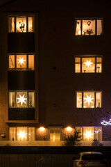 Stockholm, Sweden An apartment building on Lidingo decorated at Christmas.