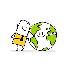 Cute stick man affectionately hug a planet earth that smiles.