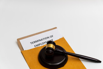 	
The concept of labor law regarding unemployment: termination of employment letter is placed with wooden gavel and/or justice scales.	
