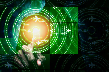 Control the technology by touching the screen. Simulation screen showing various flights for transportation and passengers.