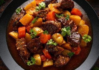 Beef Stew with carrot and baby potato in black plate on wooden table