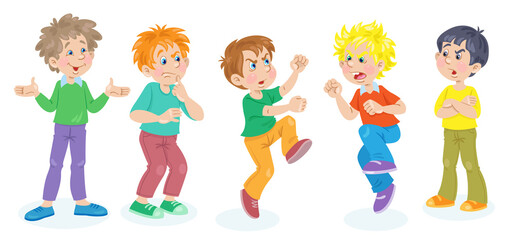 Five boys in different emotional states. In cartoon style. Isolated on white background. Vector flat illustration.