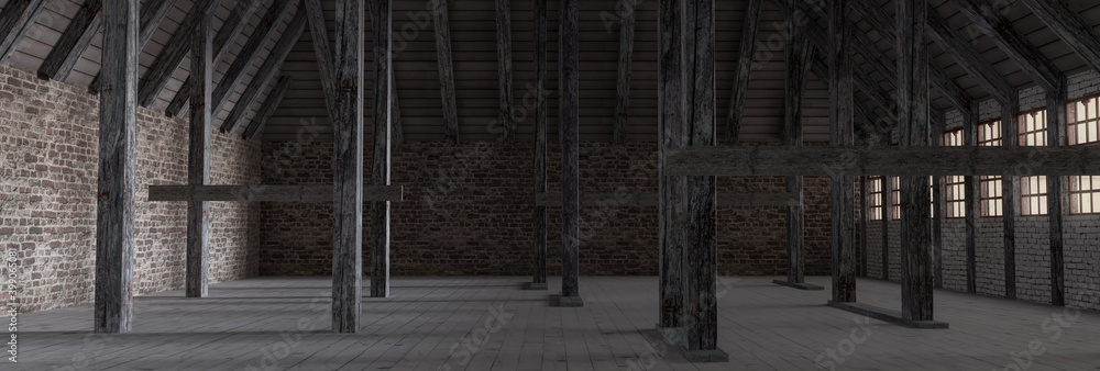 Poster 3d rendering of empty attic with a lot of wooden beams