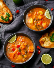 Curry soup with sweet potato, kale, chickpea, red pepper and chicken
