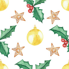Watercolor hand painted nature winter holiday seamless pattern with yellow christmas tree ball toys, gingerbread star cookies and holly red berries and leaves isolated on the white background 