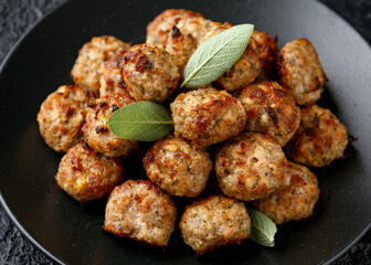 Pork stuffing meatballs with sage and onion in a black plate