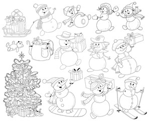 New Year. Christmas. Set of cute snowmen. Coloring page. Illustration for children. Cute and funny cartoon characters