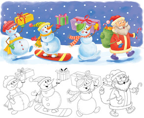 New Year. Christmas. Set of cute snowmen. Coloring page. Illustration for children. Cute and funny cartoon characters