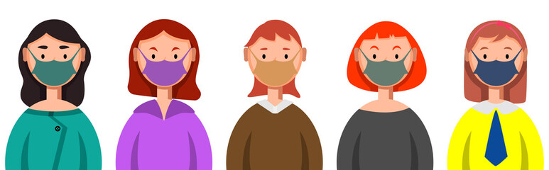 Different women in masks. People in medical masks, virus protection.