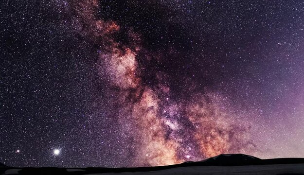 Close up milky way animation. Night landscape, moutains with a snow the starry night and bright milky way galaxy.