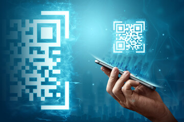 QR code and smartphone, new technologies. Electronic digital technologies scanning, barcode.