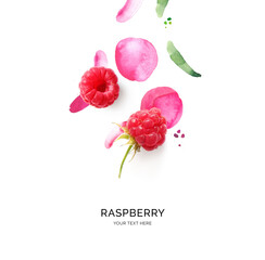 Creative layout made of raspberry with watercolor spots on the white background. Flat lay. Food concept.