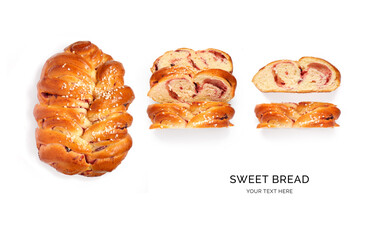 Creative layout made of sweet bread on the white background. Flat lay. Food concept.