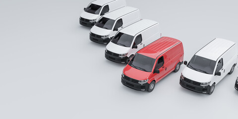 One red van standing out from a fleet of white vans. 3d illutration