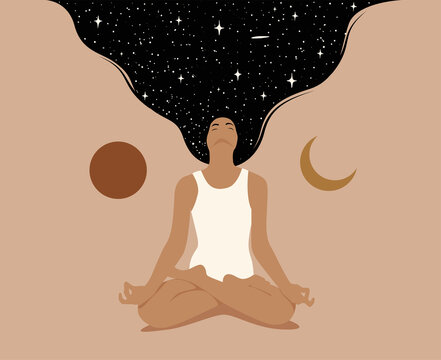 Meditation or mindfulness or dreaming concept with woman sitting in lotus pose with crossed legs and raised dark hair with starry space texture. Minimalistic vector illustration in trendy pastel color