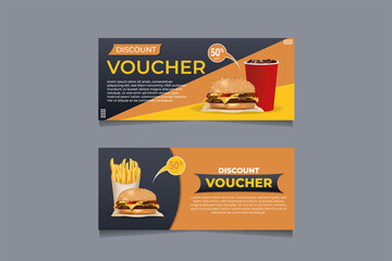 Burger gift voucher template, 50% off discount, vector illustration.