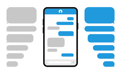 Smartphone with blue message bubbles. Speech bubbles for chat. Phone chat screen and text sms. Messenger interface. Vector.