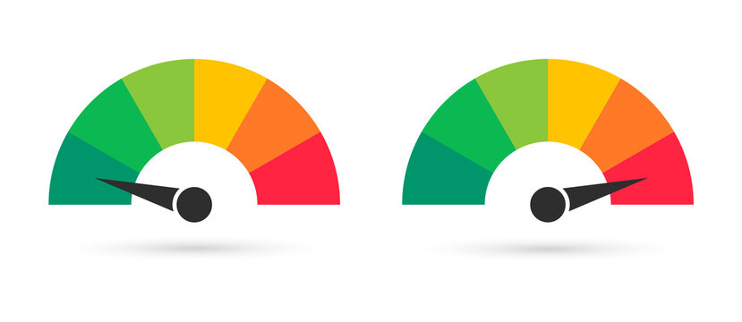 Set of colorful speedometers. Scale with arrow. Level satisfaction. Credit score indicators. Colored infographics.
