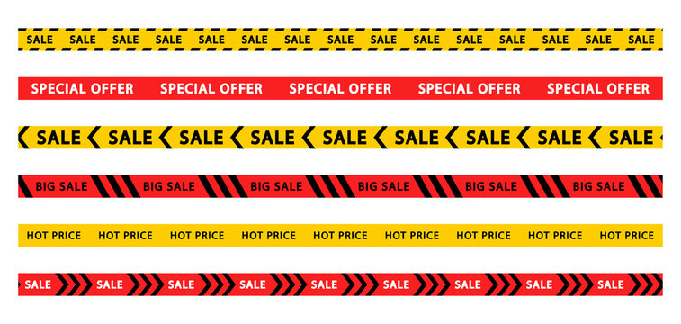 Set of discount and sale tapes. Big and mega sale stripes. Special offer. Red and yellow striped borders. Vector