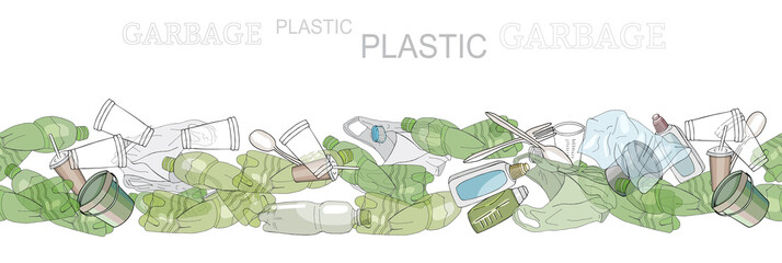 Different kinds of plastic garbage. Seamless pattern brush. The concept of ecology and the World Cleanup Day.