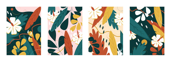 Leaves and flowers floral pattern vector illustration set. Abstract decorative flora design with colorful bright dots,grass leaf and nature forest forms, natural textures background collection
