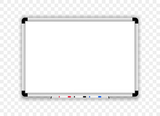 Realistic whiteboard. Office board with marker pens. Empty board. Mock up white magnetic board. Scool blackboard. Space for your text and design. - obrazy, fototapety, plakaty