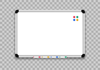 Realistic whiteboard. Office board with marker pens. Empty board with magnets. Mock up white magnetic board. Scool blackboard. Space for your text and design.