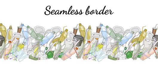 Different kinds of plastic garbage. Seamless pattern brush.