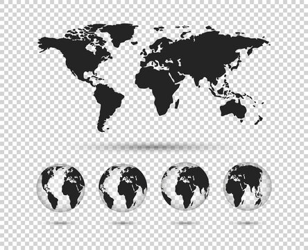 Set of globes earth in different variations. World map. Planet earth. Vector illustration.