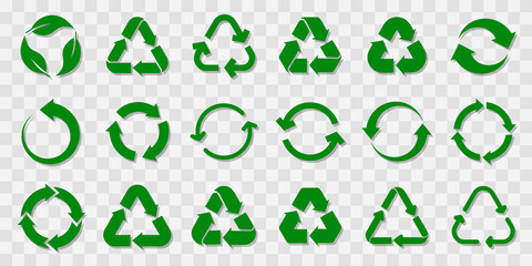 Set of green recycling icons on transparent background. Recycle symbol. Rotation arrow pack. Reuse cycle. Vector eco icons