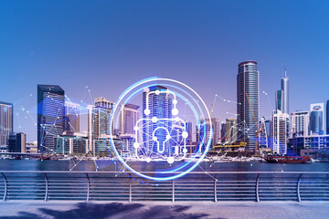 Skyscrapers of Dubai business downtown. International hub of trading and financial services. Lock icon hologram, concept of datum security. Double exposure. Dubai Canal waterfront.