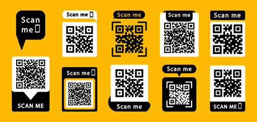 Set of QR codes with inscription scan me with smartphone. Scan qr code icon. Qr code for payment, mobile app and identification. Vector illustration.
