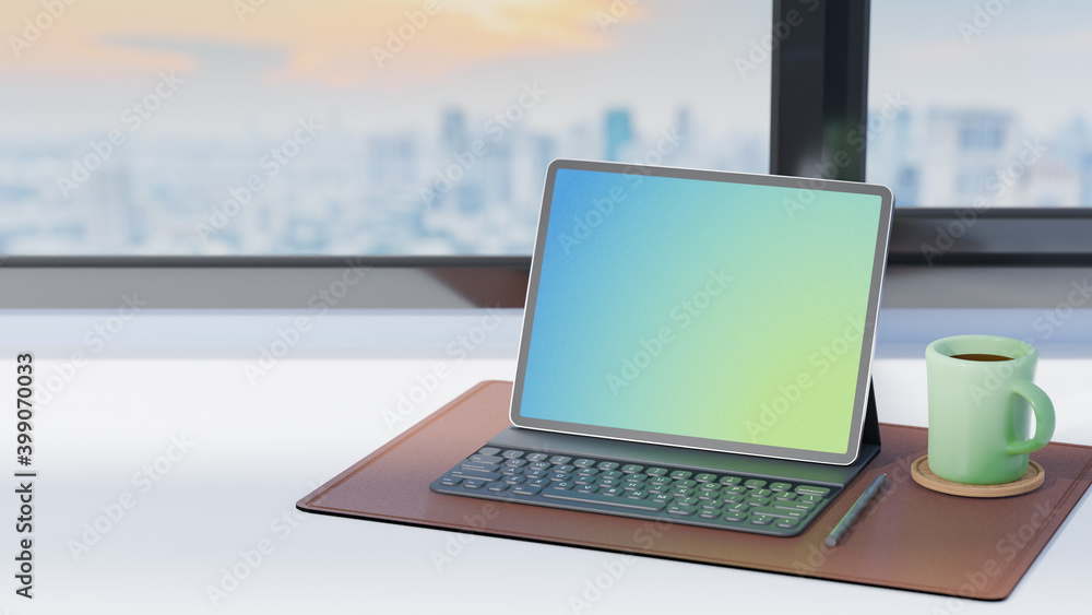 Poster tablet computer with keyboard case, pencil and green coffee cup on brown leather sheet at office wor