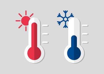 Thermometer with hot or cold temperature. Celsius meteorological thermometers for measure temperature. Weather flat icons. - obrazy, fototapety, plakaty