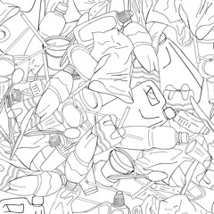 Plasic garbage seamless pattern hand drawing black outline isolated on white background.