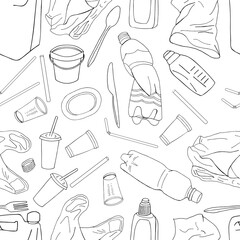 Plastic garbage seamless pattern black outline isolated on white background. The problems with chemical wastes disposal.