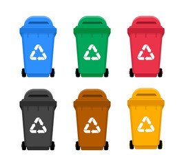 Garbage bins set. Colorful trash cans with recycling icon. Waste sorting containers. Vector illustration.