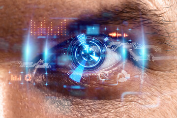 Close-up of a male eye and holographic images. Futurism concept New technologies, vision treatment.